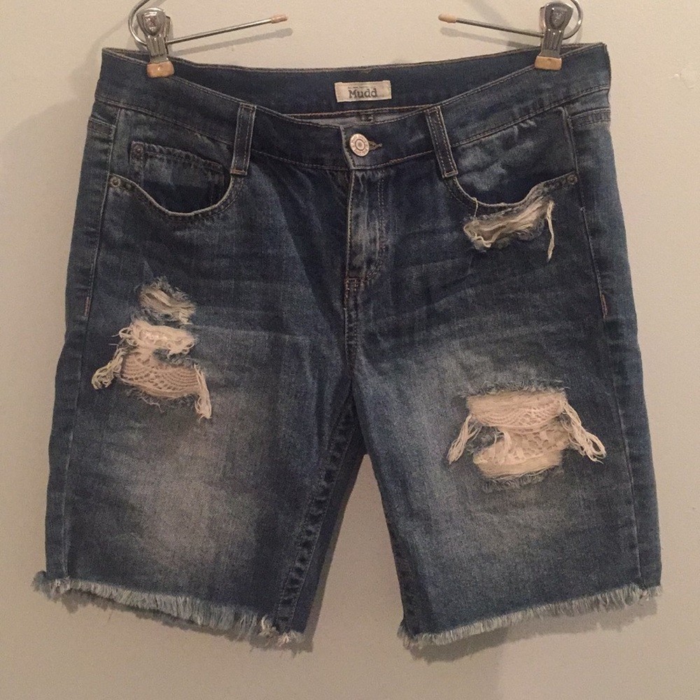 Lace Distressed Bermuda Jean Short | Mudd Brand